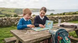 Educational magnetic toys designed to fit easily into a backpack for a British seaside holiday.