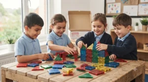 Early Years Foundation Stage children collaborating on a creative construction project using a school magnetic tile kit.