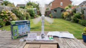 A child proudly showcasing a completed wind power kit for kids after a successful science project.