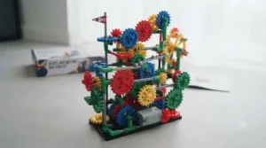 An advanced mechanical creation built using a gears and motors building set, demonstrating rotating cogs and working axles.