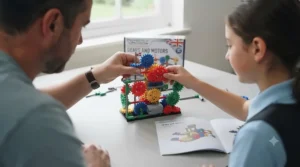 A parent and child assembling a moving mechanical model together using a gears and motors building set at home.