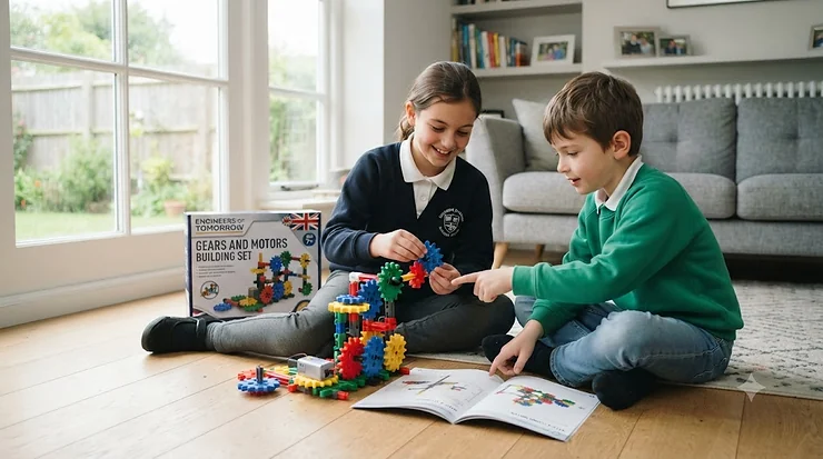 Children playing with a gears and motors building set on a wooden table, featuring colourful interlocking cogs and motorised pieces. gears and motors building set