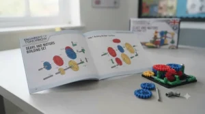 Step-by-step visual instruction guide open next to a partially built model from the gears and motors building set.