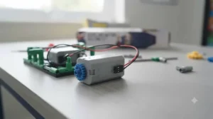 Close-up of the battery-operated motor module connected to spinning plastic cogs from a gears and motors building set.