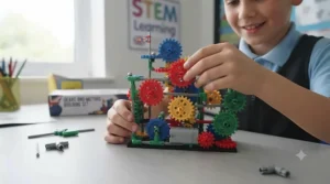 A primary school pupil exploring engineering principles with a gears and motors building set in a British classroom.