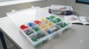 The gears and motors building set neatly packed away in its durable plastic storage box with a secure clip-on lid.
