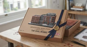 Premium packaging for an architectural model building set, ideal as a gift for creatives.