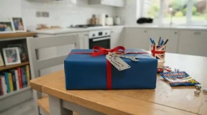 A wrapped Meccano beginner set box decorated with a ribbon, displayed alongside toy building blocks.