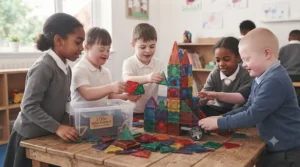 Small group of Key Stage 1 children sharing pieces from a large magnetic tile set to build a castle tower.