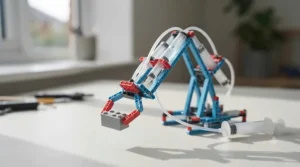 A working hydraulic and pneumatic robotic arm built from a children's construction set lifting a small block.