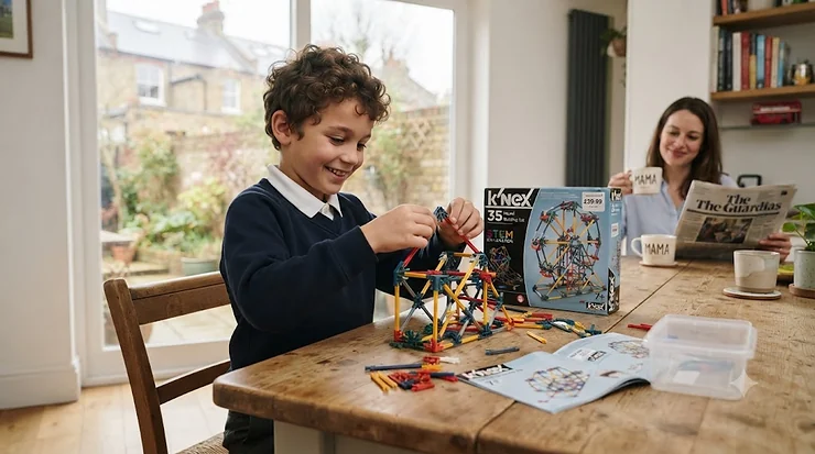 A child building a model using a colourful K'NEX construction set, representing the best K'NEX building set options available for under 40 pounds. K'NEX building set under £40