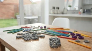 Colourful plastic rods and connector pieces from a K'NEX building system spread out during a home assembly project.