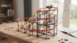 A completed miniature K'NEX roller coaster model built from an affordable playset.