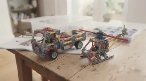 A completed toy truck and helicopter built using pieces from a starter K'NEX set.