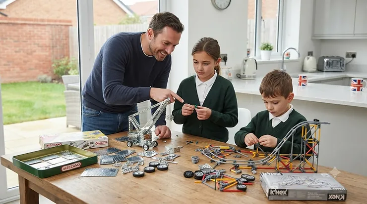 K'NEX vs Meccano building sets displayed side by side on a wooden table, showcasing plastic construction rods and classic metal engineering pieces for UK hobbyists. K'NEX vs Meccano building sets