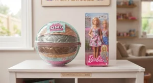 A visual size comparison showing the compact LOL Surprise ball packaging next to a standard Barbie doll box[cite: 2]