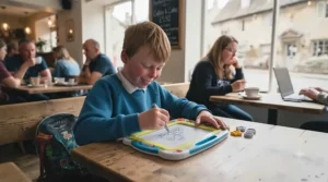 Lightweight magnetic drawing board in a handy travel size resting on a cafe table.