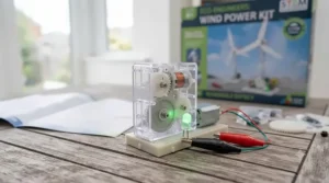 Using a small LED light to demonstrate electricity generation from a wind power kit for kids.