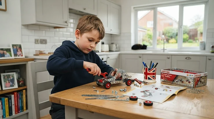 A colourful Meccano set for beginners spread out on a wooden table, featuring metal strips, nuts, bolts, and a completed starter model. Meccano set for beginners