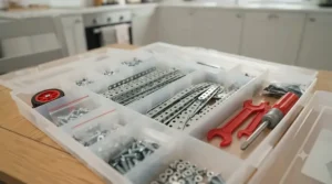 Plastic sorting tray inside a Meccano set for beginners, neatly organising loose screws, plates, and brackets.