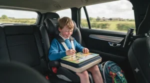 Child playing with a mess-free magnetic puzzle in the back seat of a car.