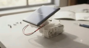 Detailed view of the small photovoltaic cell and electric motor wired together inside a solar power building kit.