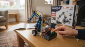 A child testing a battery-powered motor and electric circuit component integrated into a custom mechanical build