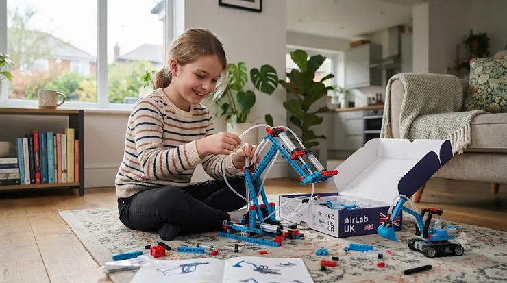 A child in the UK building a working model using a colourful pneumatic construction set on a living room floor. pneumatic building kit for kids