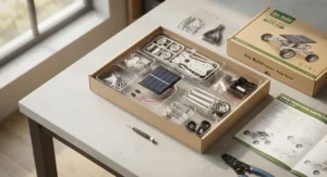 Neatly laid out components of an educational solar power building kit, including miniature panels, gears, wires, and a clear instruction manual.