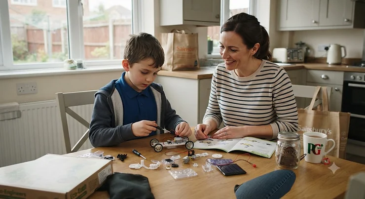 A child in the UK building a solar power kit at a kitchen table, showcasing a completed model with photovoltaic panels under daylight. solar power building kit