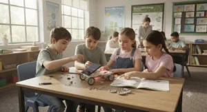 Primary school pupils in a UK classroom exploring renewable energy concepts using a shared solar power building kit.