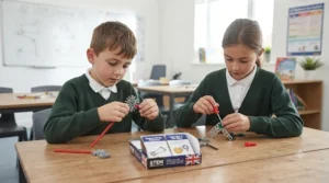 Children in a UK classroom engaged with STEM educational construction toys, building mechanical linkages and structures.