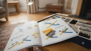 Clear step-by-step instruction booklet next to gear and beam pieces from a STEM engineering kit for older kids