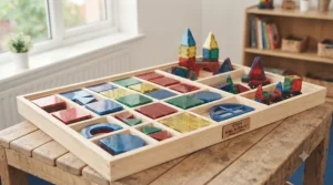 STEM educational resources featuring magnetic building blocks arranged by shape and colour for classroom learning activities.