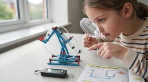 Close-up of a young student exploring air pressure and physics concepts with a DIY STEM toy.