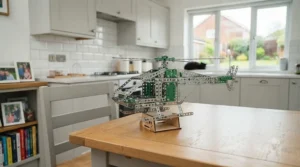 A finished green and silver Meccano helicopter model built from an introductory engineering set for children.