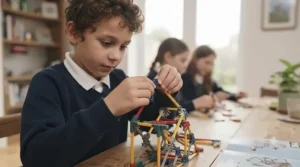 A young student smiling while assembling a mechanical STEM learning toy from a K'NEX set.