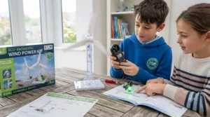 Pupils engaging in a STEM learning activity with a wind power kit for kids in a UK classroom setting.