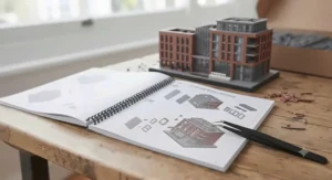 Clear illustrated instruction manual alongside an in-progress architectural model building set.
