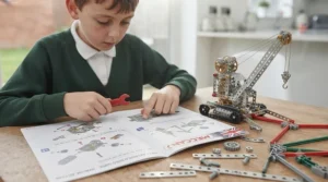 A young builder following a paper instruction booklet while assembling a complex mechanical model on a desk.