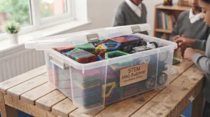Sturdy plastic storage tub packed with a large magnetic tile set, ideal for tidy pack-up time in UK reception classrooms.