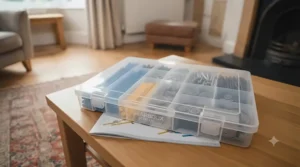 Handy storage tray and compartments keeping small pins, axles, and connector pieces neat after playtime