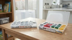Organised plastic storage boxes containing sorted Meccano parts and K'NEX connectors in a child's bedroom.