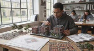 Design student working on a project using pieces from an advanced architectural model building set.