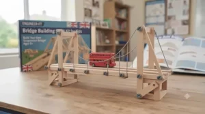 Detailed view of a suspension bridge model built with a bridge building STEM kit for kids.
