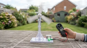 A child testing a working wind power kit for kids outdoors on a breezy day, watching the turbine generate electricity.