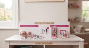 Infographic comparing the average pocket-money cost of LOL Surprise collectables against premium Barbie playsets in the UK[cite: 5]