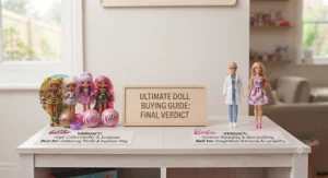 Summary infographic helping UK shoppers decide whether to buy LOL Surprise dolls or Barbie dolls as a gift[cite: 9]