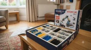 Opening the box of a premium construction toy designed for ten-year-old boys and girls, showing neatly organised components