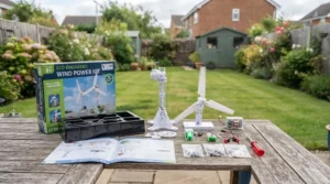 Laying out the parts of a wind power kit for kids, showing blades, a small generator, and wires on a wooden table.